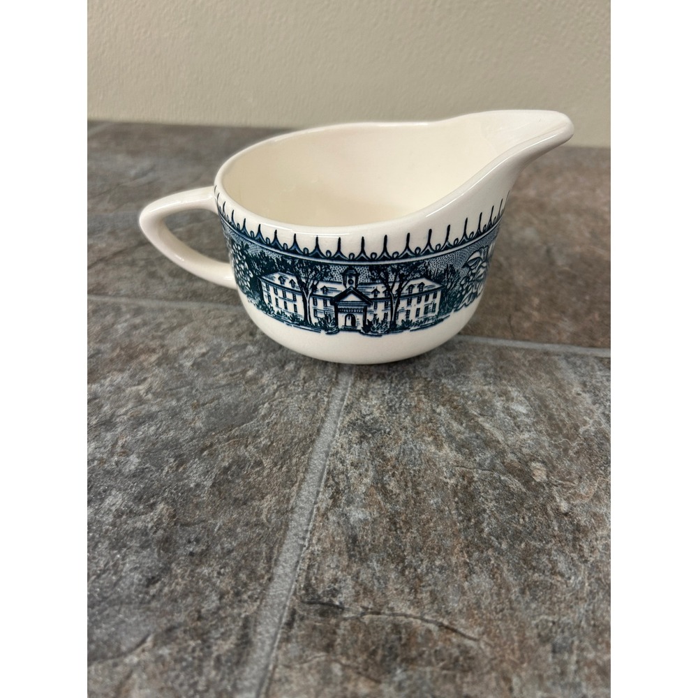 Currier & Ives Blue by Royal Creamer Pitcher Early American Winter Scene Ceramic